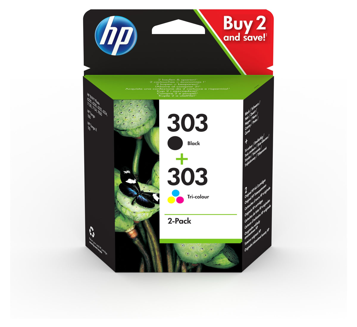 HP 303 2er-Pack Schwarz/Cyan/Magenta/Gelb Original Tintenpatronen, Standardertrag, Schwarz, Cyan, Magenta, Gelb, Tinte auf Pigmentbasis, Tinte auf Farbstoffbasis, 4 ml, 4 ml