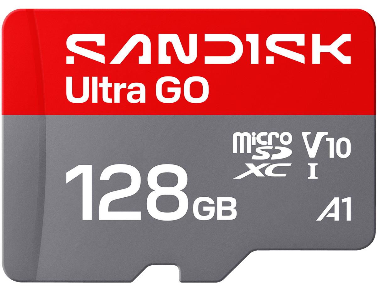 SanDisk Ultra GO, 128 GB, MicroSDXC, UHS-I, 190 MB/s, V10, Grau, Rot
