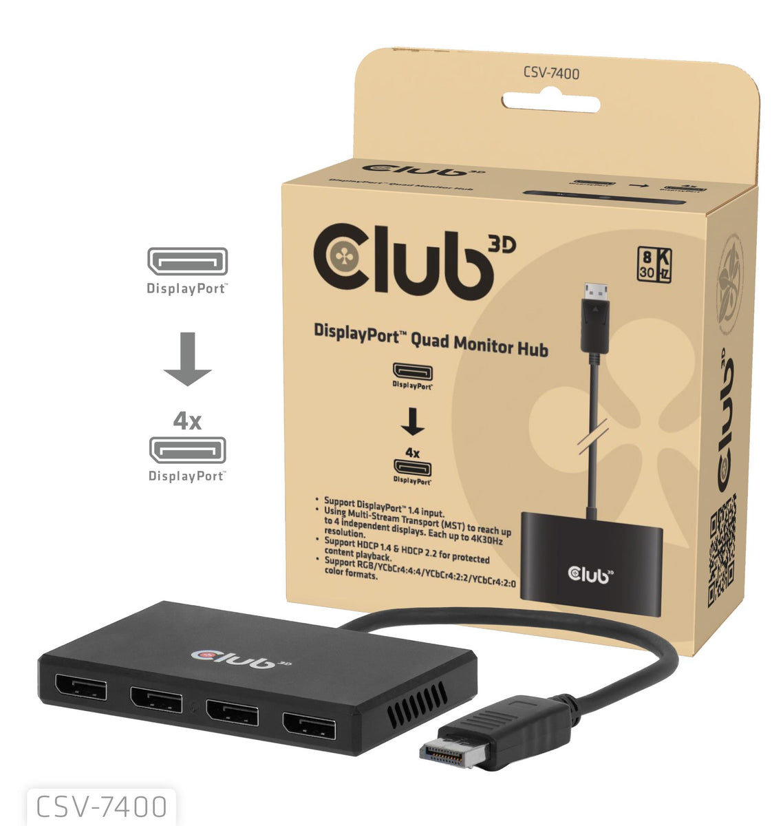 CLUB3D Quad DisplayPort™ Hub – 4 x 4K Resolution @ 30Hz, MST Support, DisplayPort, 4x DisplayPort, 3840 x 2160 Pixel, 4K Ultra HD, 30 Hz, 1.4/2.2