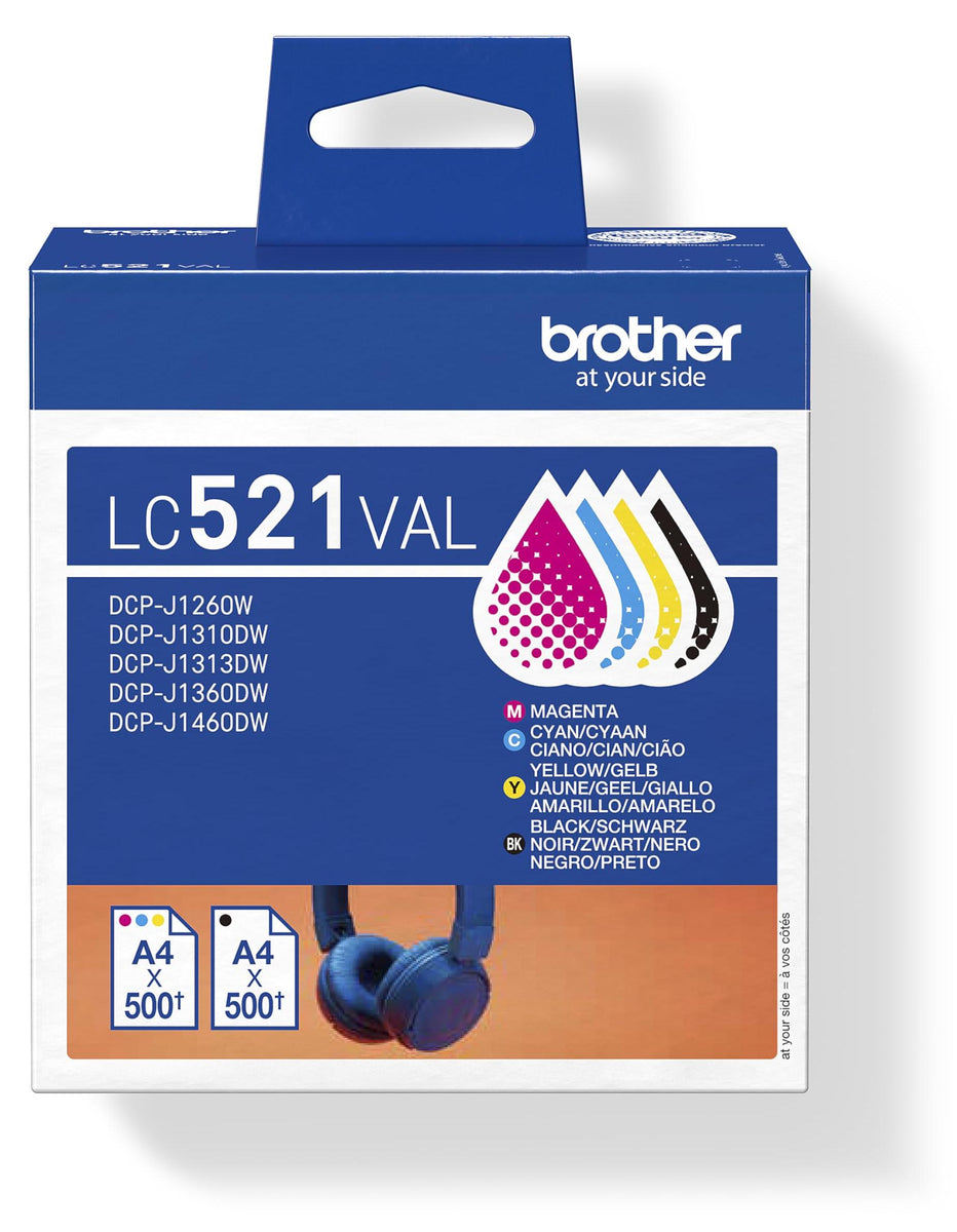 Brother LC521VAL, Schwarz, Cyan, Magenta, Gelb, 4 Stück(e), 500 Seiten, 500 Seiten, Multipack