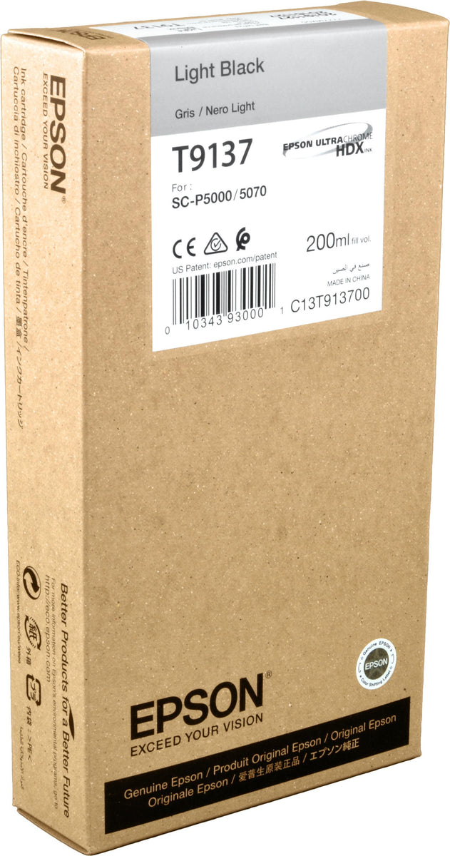 Epson T9137 Light Black Ink Cartridge (200ml), Standardertrag, Schwarz, Tinte auf Pigmentbasis, 200 ml, 1 Stück(e), Einzelpackung