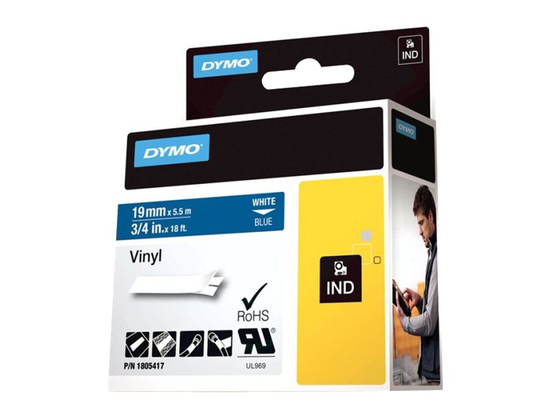 DYMO Rhino-Industrie-Vinyletiketten | 19 mm x 5,5 m | weiß auf blau | selbstklebendes Schriftband | für Rhino und LabelManager Beschriftungsgerät, Weiss auf Blau, Mehrfarbig, Vinyl, -40 - 80 °C, UL 969, DYMO