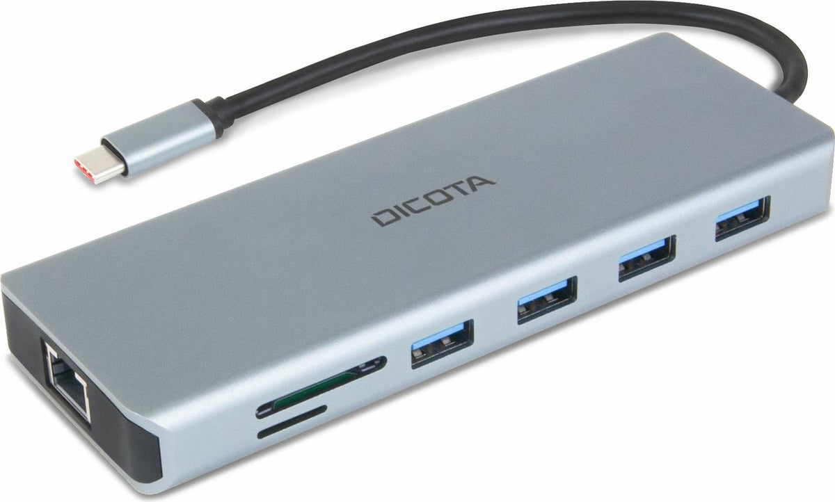 DICOTA D32065, USB 3.2 Gen 1 (3.1 Gen 1) Type-C, 3.5mm, DisplayPort, HDMI, RJ-45, USB 3.2 Gen 1 (3.1 Gen 1) Type-A, USB 4 Type-A, USB Typ-C, MicroSD (TransFlash), SD, Silber, Aluminium, 100 W