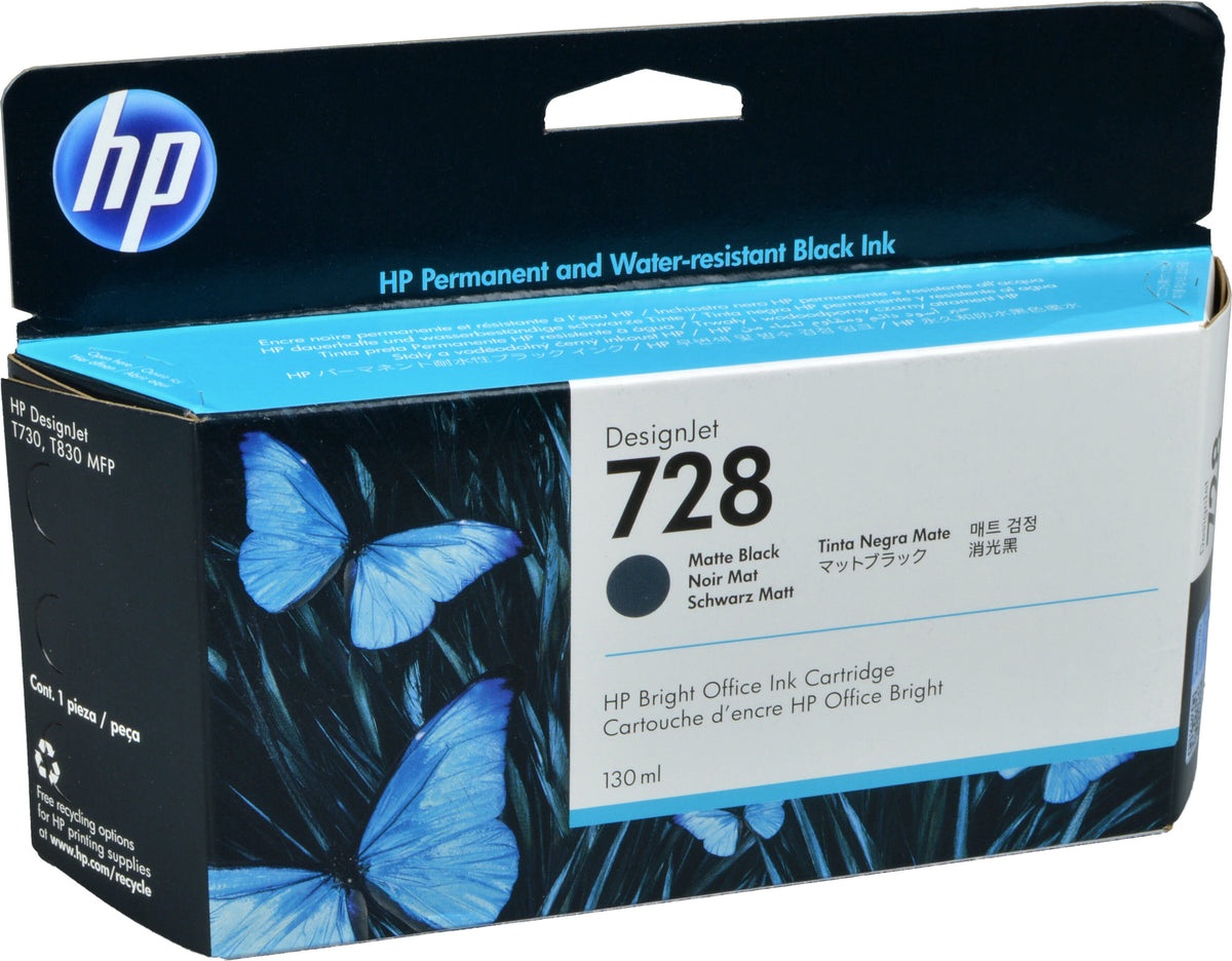 HP 728 Mattschwarz DesignJet-Tintenpatrone, 130 ml, HP DesignJet T730 Drucker, HP DesignJet T830 Multifunktionsdrucker, Thermal Inkjet, Schwarz, Singapur, Malaysia, 202 mm, 129 mm