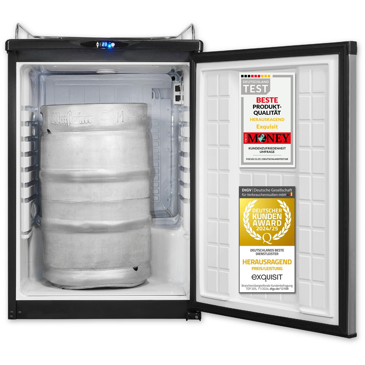 Exquisit Bierkühler, 163 Liter, mit Zapfvorrichtung, Gitterablagen, Türanschlag wechselbar, 89 cm Höhe, 42 dB, Display, BK160-HE-300G inox