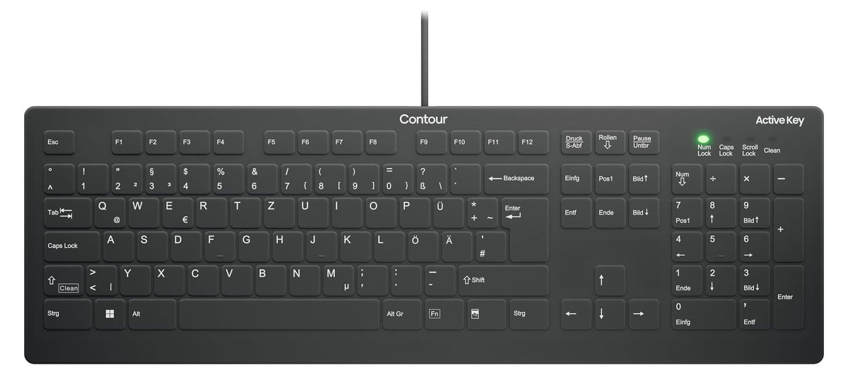 Contour Design Active Key Contour QuickClean Medizinische Tastatur Abnehmbare Abdeckung Full-Size Kabelgebunden Schwarz DE C8112, Volle Größe (100%), Kabelgebunden, USB, Scherenschalter, QWERTZ, Schwarz