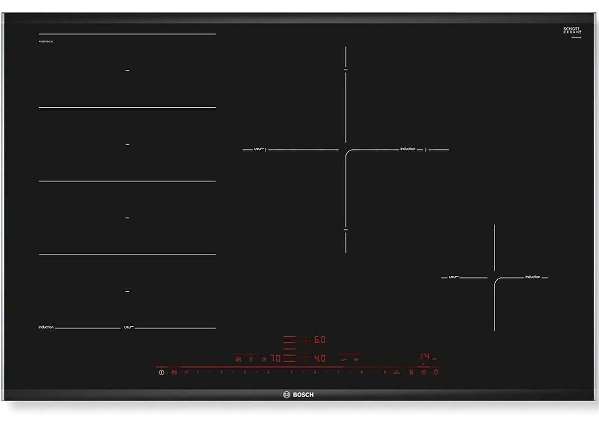Bosch PXE875DC1E, Schwarz, Integriert, Zonen-Induktionskochfeld, Glaskeramik, 4 Zone(n), 4 Zone(n)