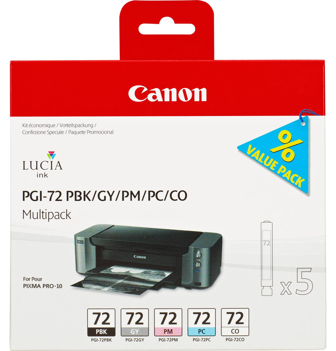 Canon PGI-72 PBK/GY/PM/PC/CO Multipack mit 5 Tinten, Standardertrag, Grau, Foto schwarz, Foto zyan, Foto magenta, 5 Stück(e), 430 Seiten, 510 Seiten, Multipack