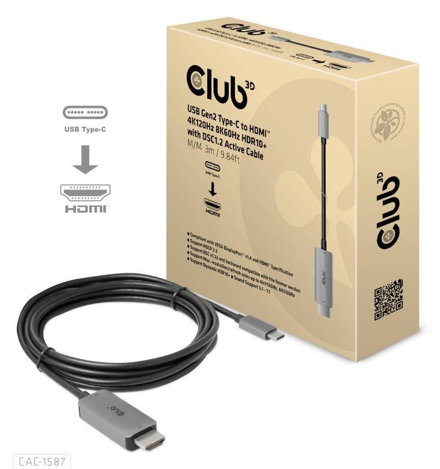 CLUB3D USB Gen2 Type-C to HDMI 4K120Hz 8K60Hz HDR10 with DSC1.2 Active Cable M/M 3m, 3 m, USB Gen2 Type-C, HDMI Typ A (Standard), Stecker, Stecker, Gerade