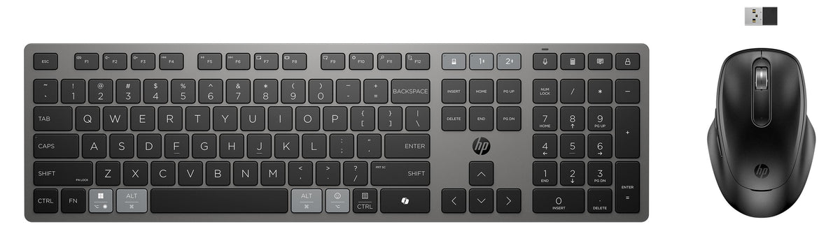 HP 725 Kombo mit wiederaufladbarer kabelloser Tastatur und Maus für mehrere Geräte, Volle Größe (100%), Kabellos, RF Wireless + Bluetooth, Scherenschalter, Schwarz, Maus enthalten