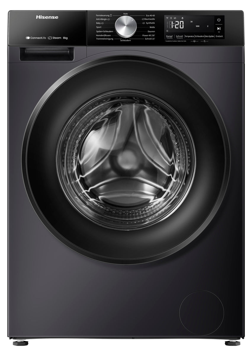 Hisense WF3S8043BB3 Waschmaschine, ConnectLife, Dampffunktion, Power JetWash, 8 kg, Schwarz