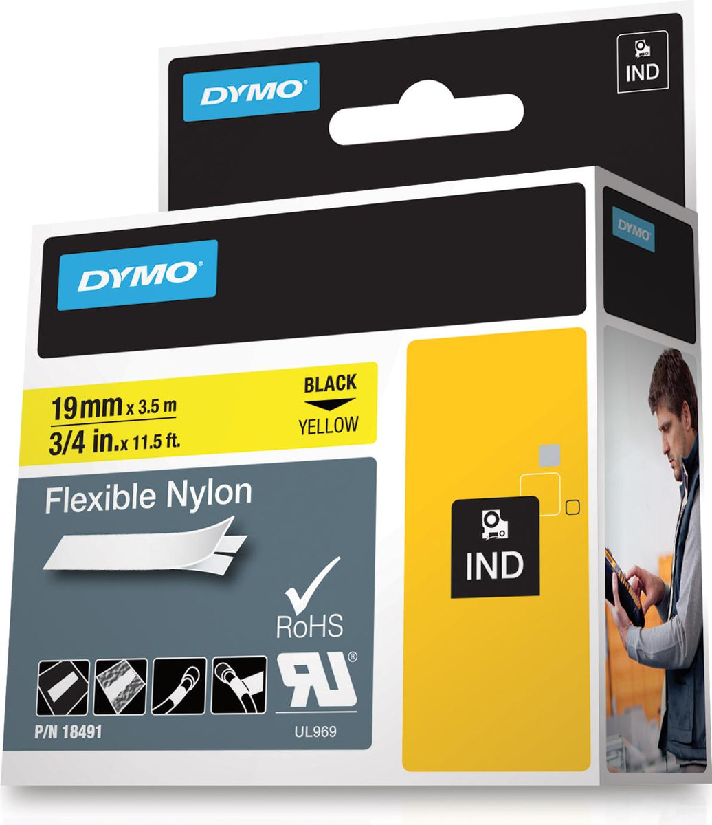 DYMO Rhino Industrie Nylonetiketten | flexibel | 19 mm x 3,5 m | schwarz auf gelb | selbstklebendes Schriftband | für Rhino und LabelManager Beschriftungsgerät, Schwarz auf gelb, Mehrfarbig, Nylon, -10 - 80 °C, UL 969, DYMO