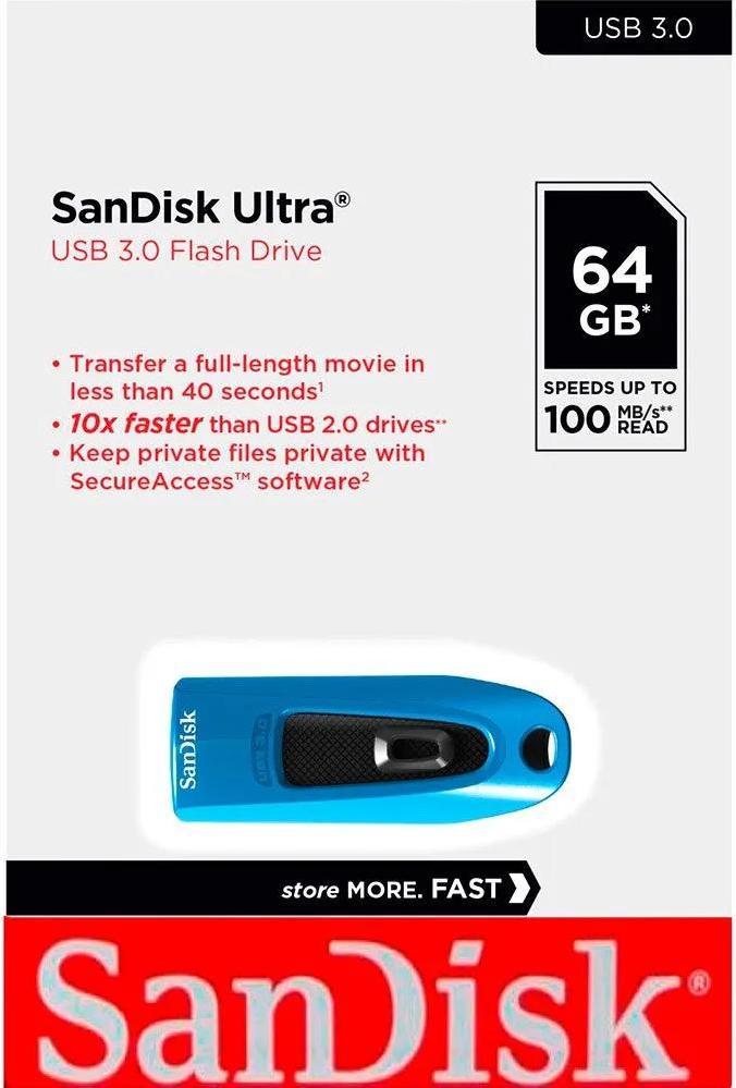 SanDisk Ultra 64GB USB 3.0, 64 GB, USB Typ-A, 3.2 Gen 1 (3.1 Gen 1), 100 MB/s, Dia, Blau