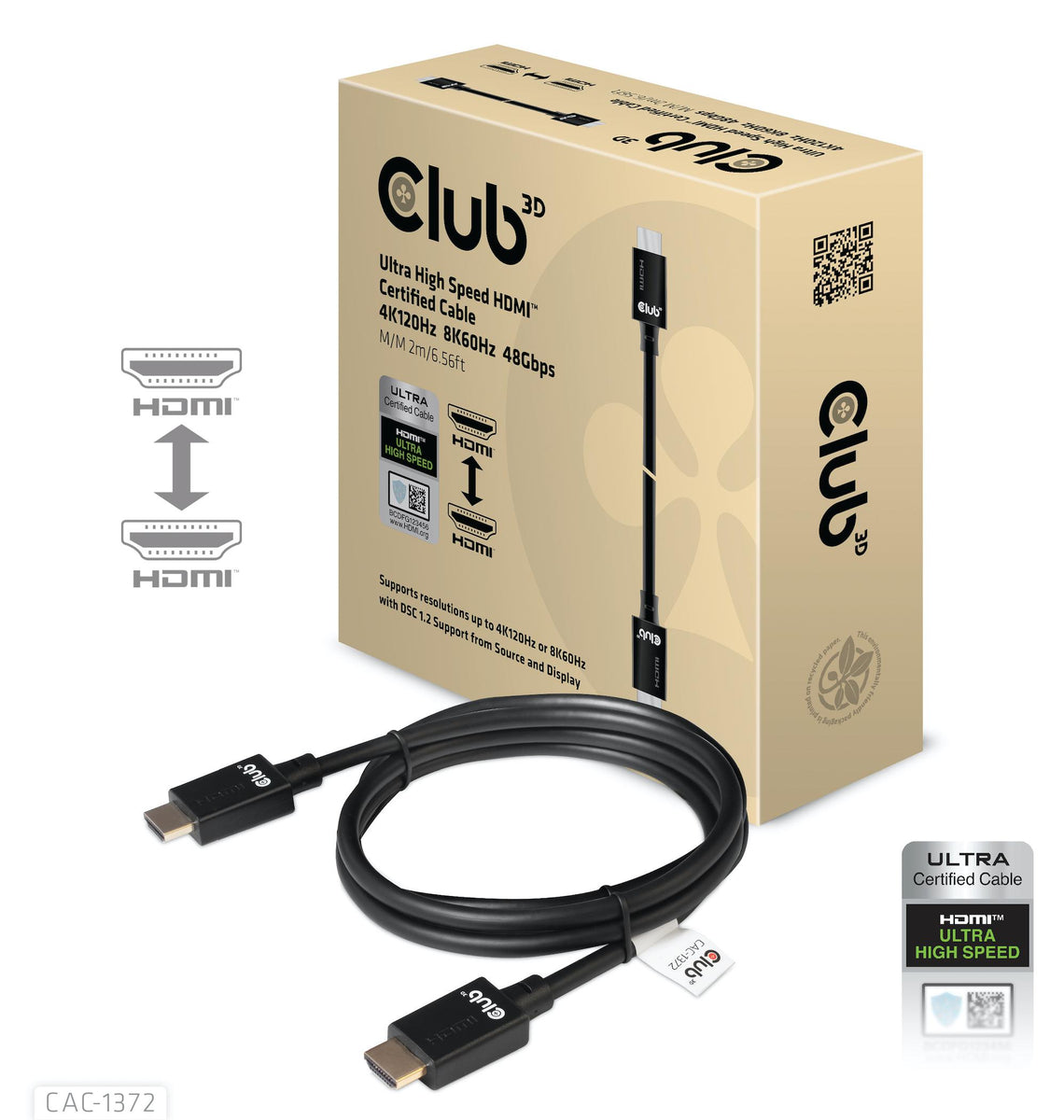 CLUB3D Ultra High Speed HDMI 4K120Hz, 8K60Hz Certified Cable 48Gbps M/M 2 m / 6.56 ft, 2 m, HDMI Typ A (Standard), HDMI Typ A (Standard), 10240 x 4320 Pixel, 3D, Schwarz