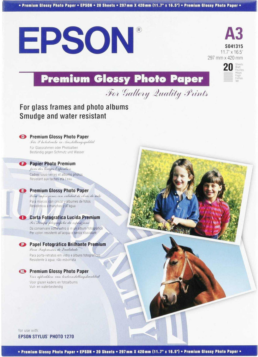Epson Premium Glossy Photo Paper A3, 20 Blatt, 255 g/m2, Premium-Glanz, 255 g/m², A3, Weiß, RC/PE, Photo collage, Photo gifts, Foto