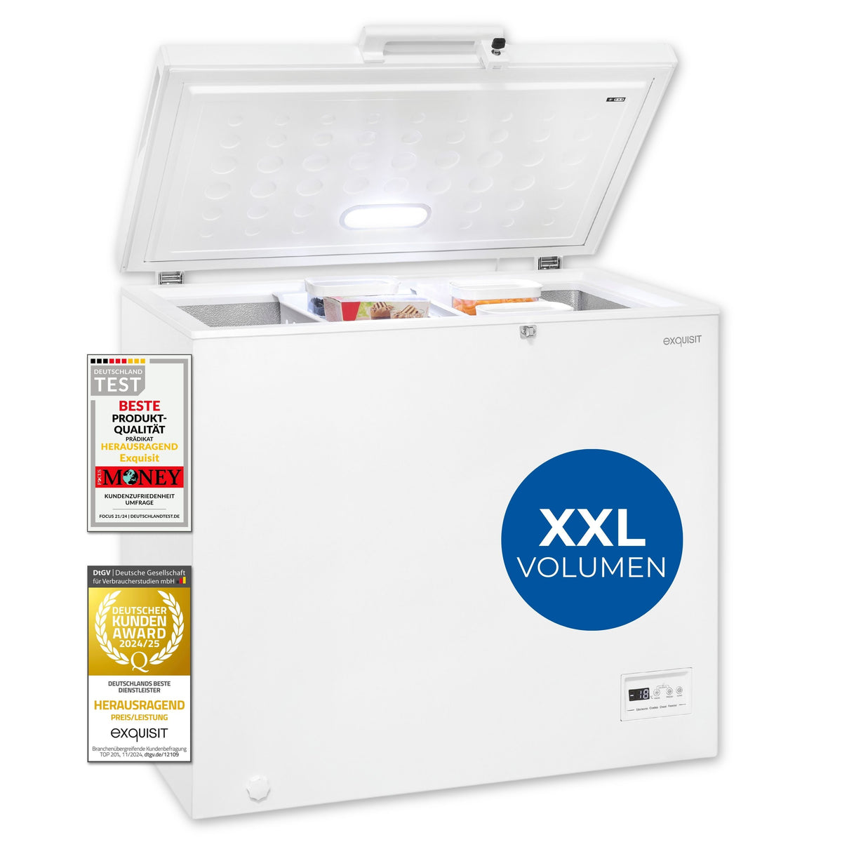 Exquisit Gefriertruhe, Kühlfunktion, 2-in-1, 198 Liter, Türschloss, 4-Sterne-Gefrieren, Schnellgefrieren, 2 Rollen, GT201-HE-040E weiss