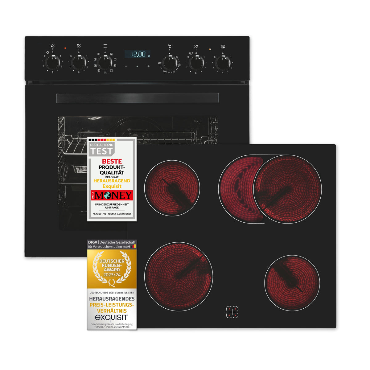 Exquisit Einbauherdset EHE285-HBZ-020-Set schwarz | 75 l Garraumvolumen | 9 Backofenprogramme | Kochfeld mit Rahmen | Energieklasse A