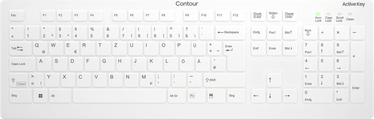 Contour Design Active Key Contour QuickClean Medizinische Tastatur IP68 Full-Size Kabellos Weiß DE C8112, Volle Größe (100%), Kabellos, RF Wireless, Scherenschalter, QWERTZ, Weiß