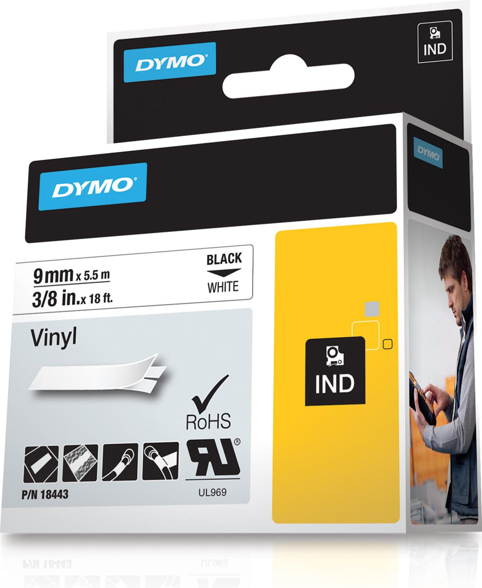 DYMO Rhino-Industrie-Vinyletiketten | 9 mm x 5,5 m | schwarz auf weiß | selbstklebendes Schriftband | für Rhino und LabelManager Beschriftungsgerät, Schwarz auf weiss, Mehrfarbig, Vinyl, -40 - 80 °C, UL 969, DYMO