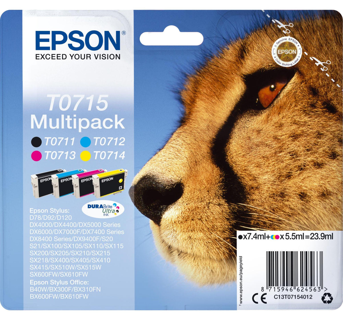 Epson Multipack 4-colours T0715 DURABrite Ultra Ink, Standardertrag, Schwarz, Cyan, Magenta, Gelb, 7,4 ml, 5,5 ml, 1 Stück(e), Multipack
