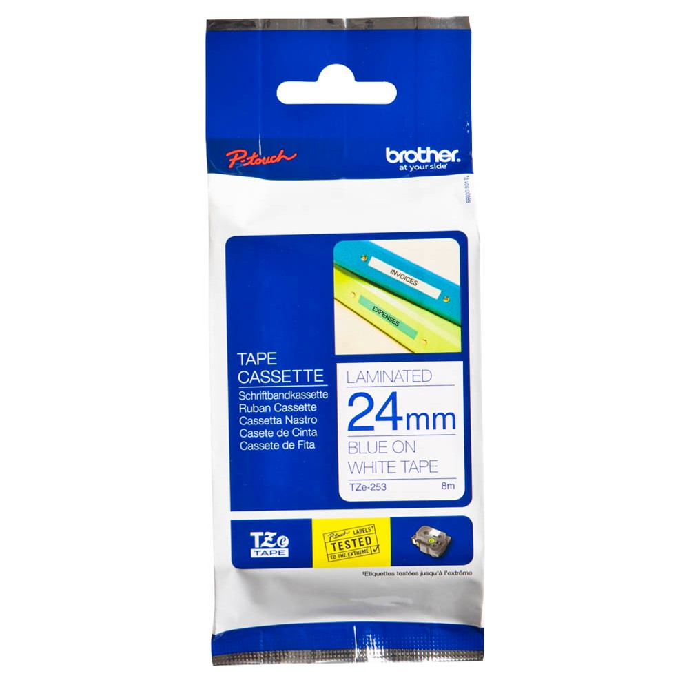 Brother TZE-253, Blau auf weiss, TZe, Wärmeübertragung, China, 5 Jahr(e), Brother