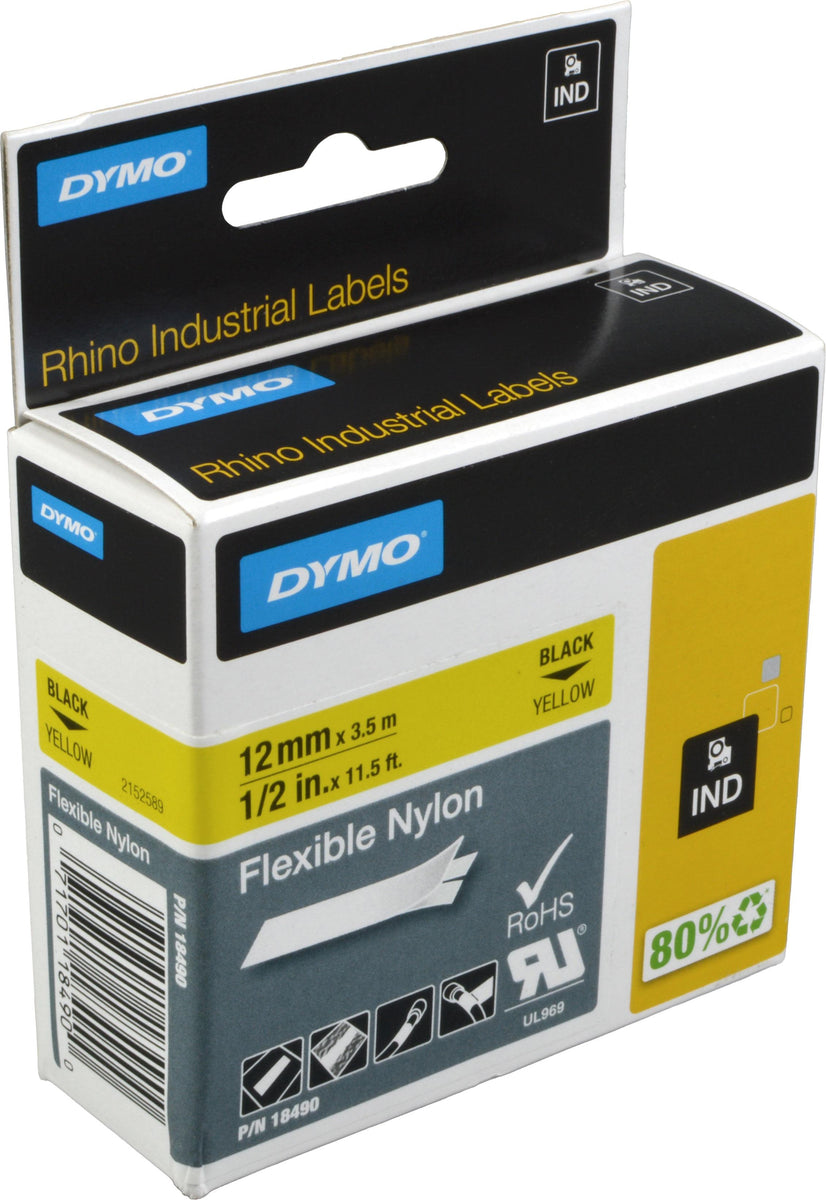 DYMO Rhino Industrie Nylonetiketten | flexibel | 12 mm x 3,5 m | schwarz auf gelbe | selbstklebendes Schriftband | fur Rhino und LabelManager Beschriftungsgerät, Schwarz auf gelb, Mehrfarbig, Nylon, -10 - 80 °C, UL 969, DYMO