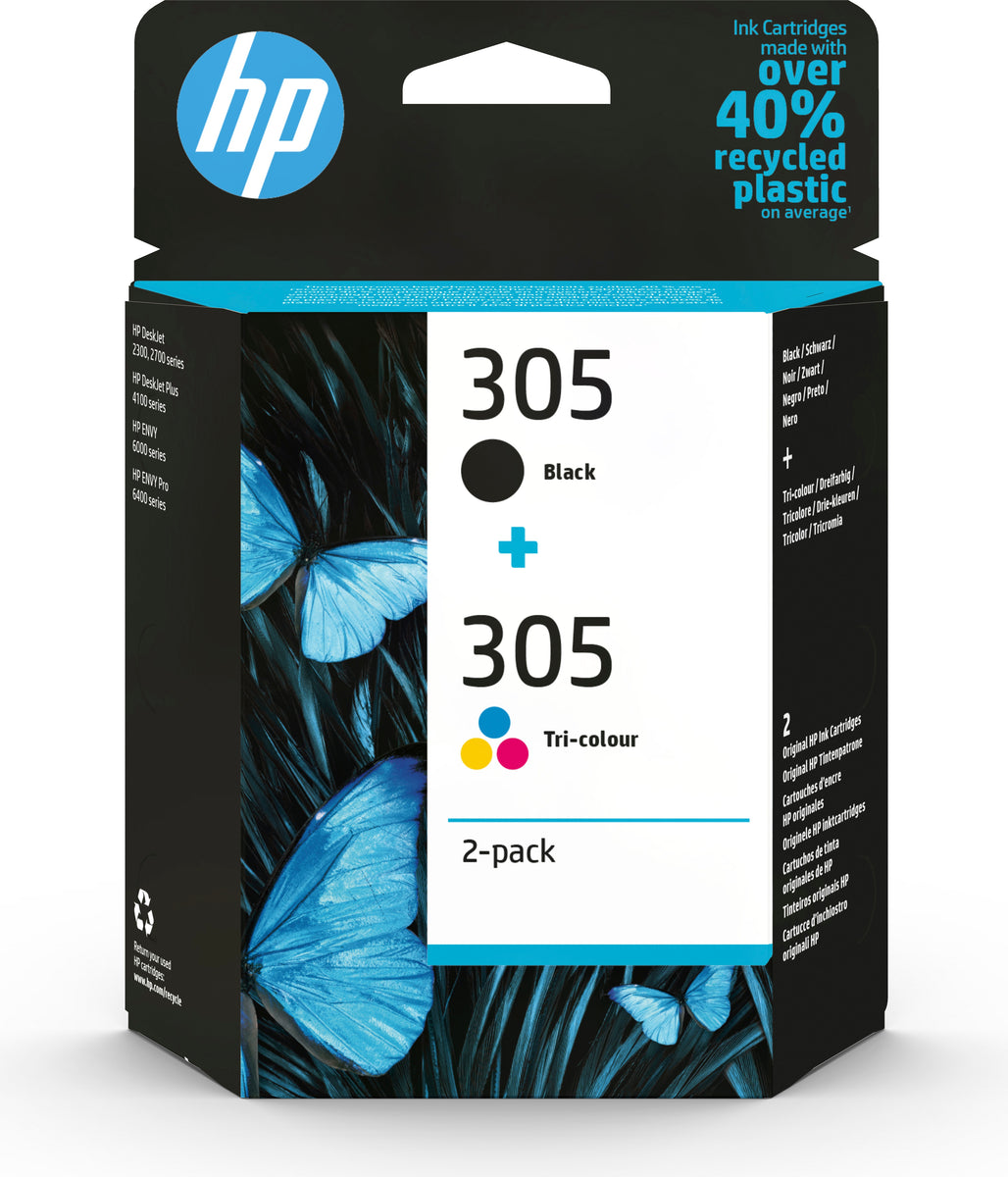 HP 305 2er-Pack Cyan/Magenta/Gelb/Schwarz Original Druckerpatrone, Standardertrag, Schwarz, Cyan, Magenta, Gelb, Tinte auf Farbstoffbasis, Tinte auf Pigmentbasis, 2 Stück(e), 120 Seiten