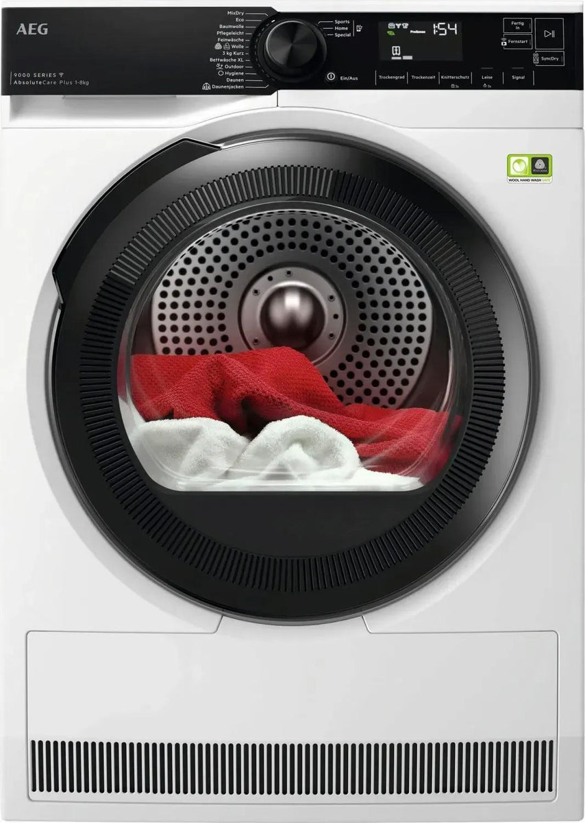 AEG Series 9000 TR9W75780, Freistehend, Frontlader, Wärmepumpe, Weiß, Drehregler, Berührung, Rechts