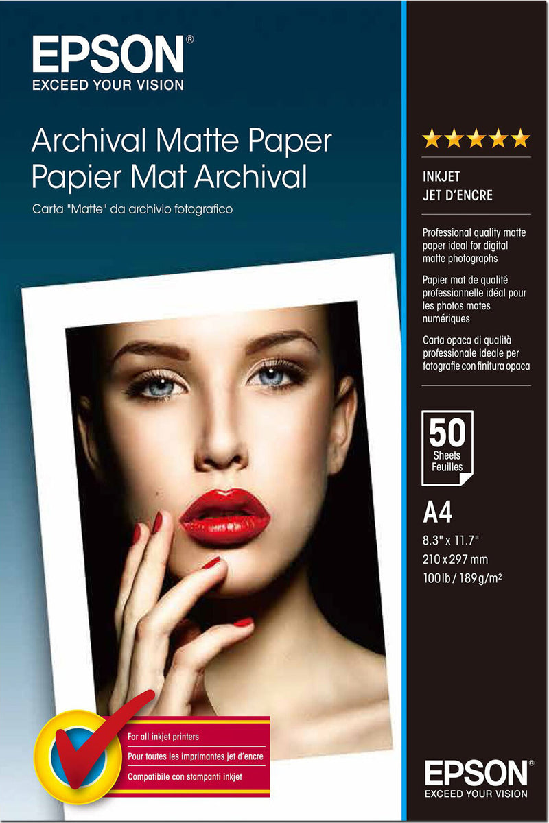 Epson A4 Archival Matte Photo Paper 189 g/m2, 50 Blatt, Matt, 192 g/m², A4, Weiß, Prospekt, Kalender, Cards and gift wraps, Office printing, Photo collage, Seasonal decorations and..., 50 Blätter