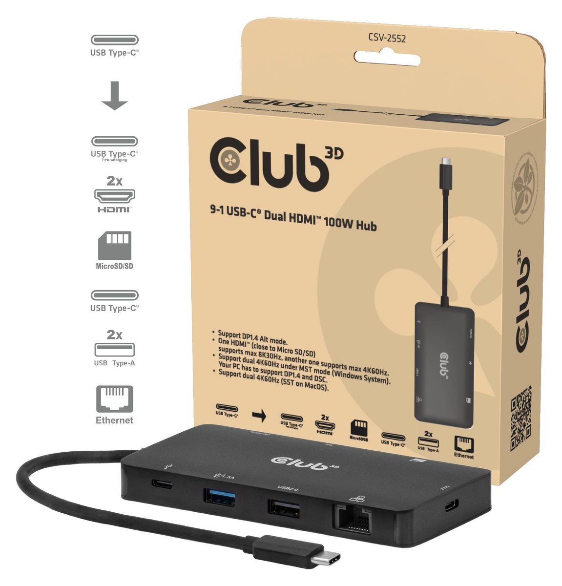 CLUB3D 9-1 Dual HDMI™ USB-C® Hub PD3.0 100W, USB Typ-C, HDMI, RJ-45, USB 3.2 Gen 1 (3.1 Gen 1) Type-A, USB 3.2 Gen 1 (3.1 Gen 1) Type-C, MicroSD (TransFlash), SD, 5000 Mbit/s, 60 Hz, 3840 x 2160, 7680 x 4320