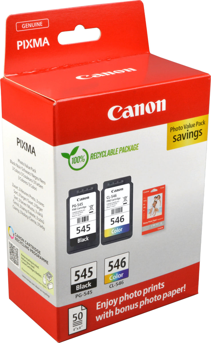 Canon PG-545/CL-546 Photo Value Pack, Schwarz, Cyan, Magenta, Gelb, 8 ml, 8 ml, 2 Stück(e), 180 Seiten, Foto-Wertpaket