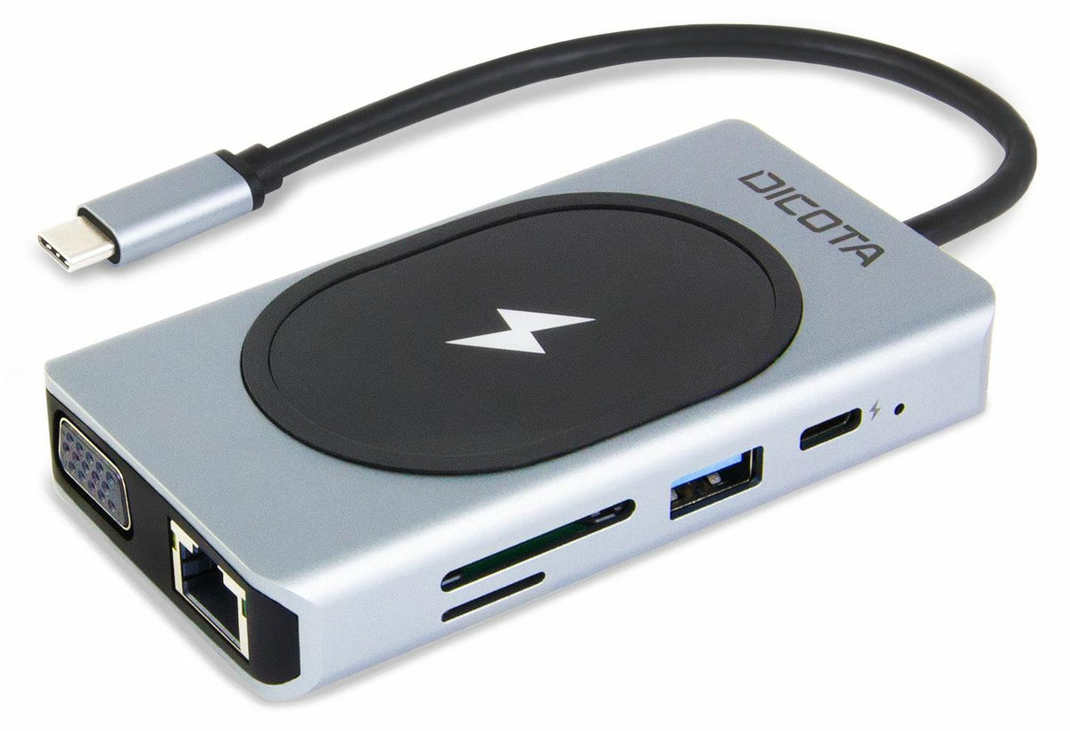 DICOTA D32059, USB Typ-C, HDMI, RJ-45, USB 4 Type-A, USB Typ-C, VGA, MicroSD (TransFlash), SD, Schwarz, Silber, Aluminium, 100 W