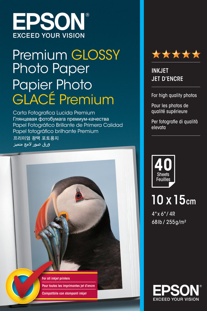 Epson Premium Glossy Photo Paper - 10x15cm - 40 Blätter, Premium-Glanz, 255 g/m², 10x15 cm, Weiß, Prospekt, Kalender, Cards and gift wraps, Daily use, Masks and party, Office printing, Photo..., 40 Blätter