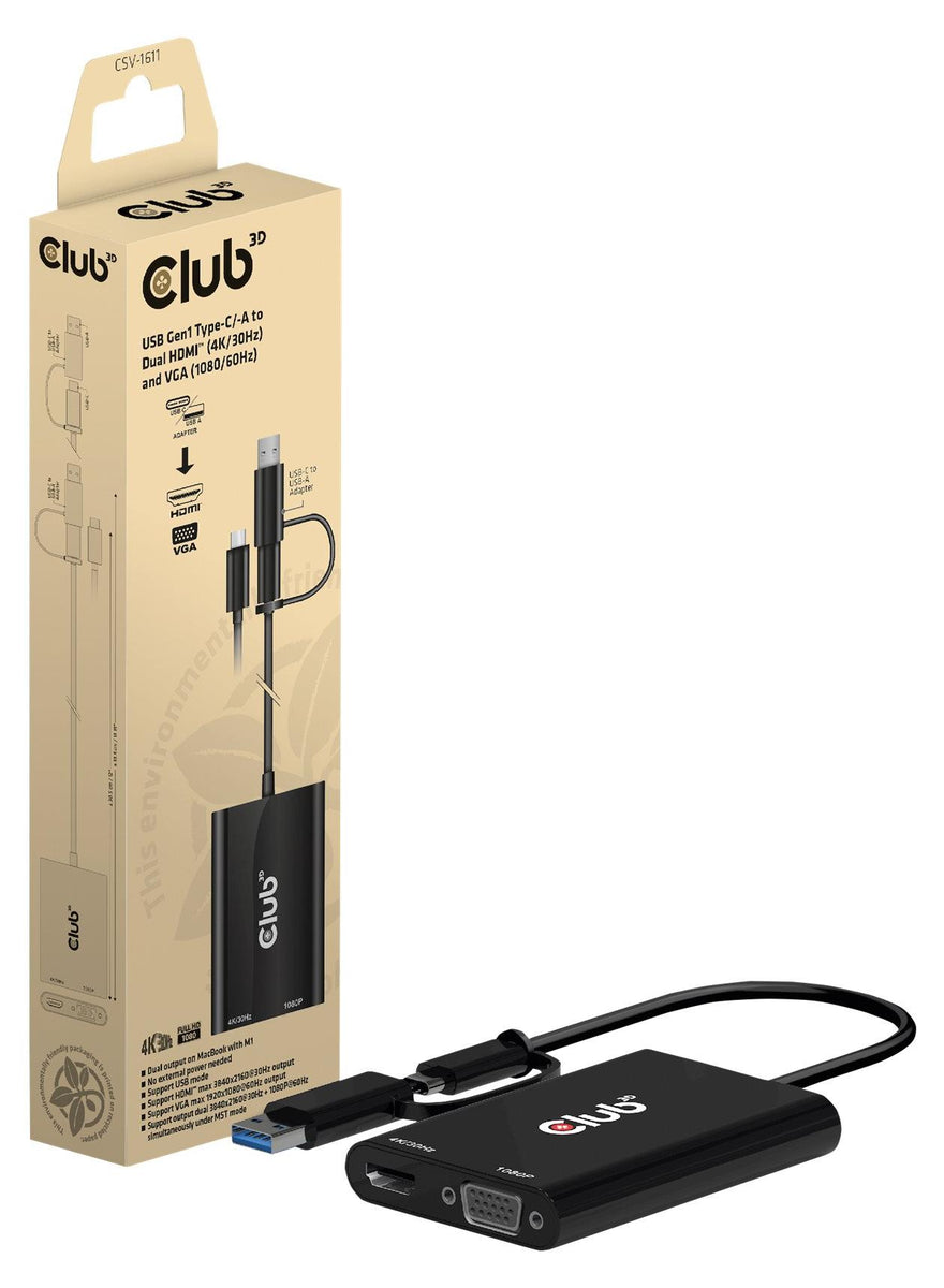 CLUB3D USB Gen1 Type-C/-A to Dual HDMI (4K/30Hz) / VGA (1080/60Hz), 3840 x 2160 Pixel