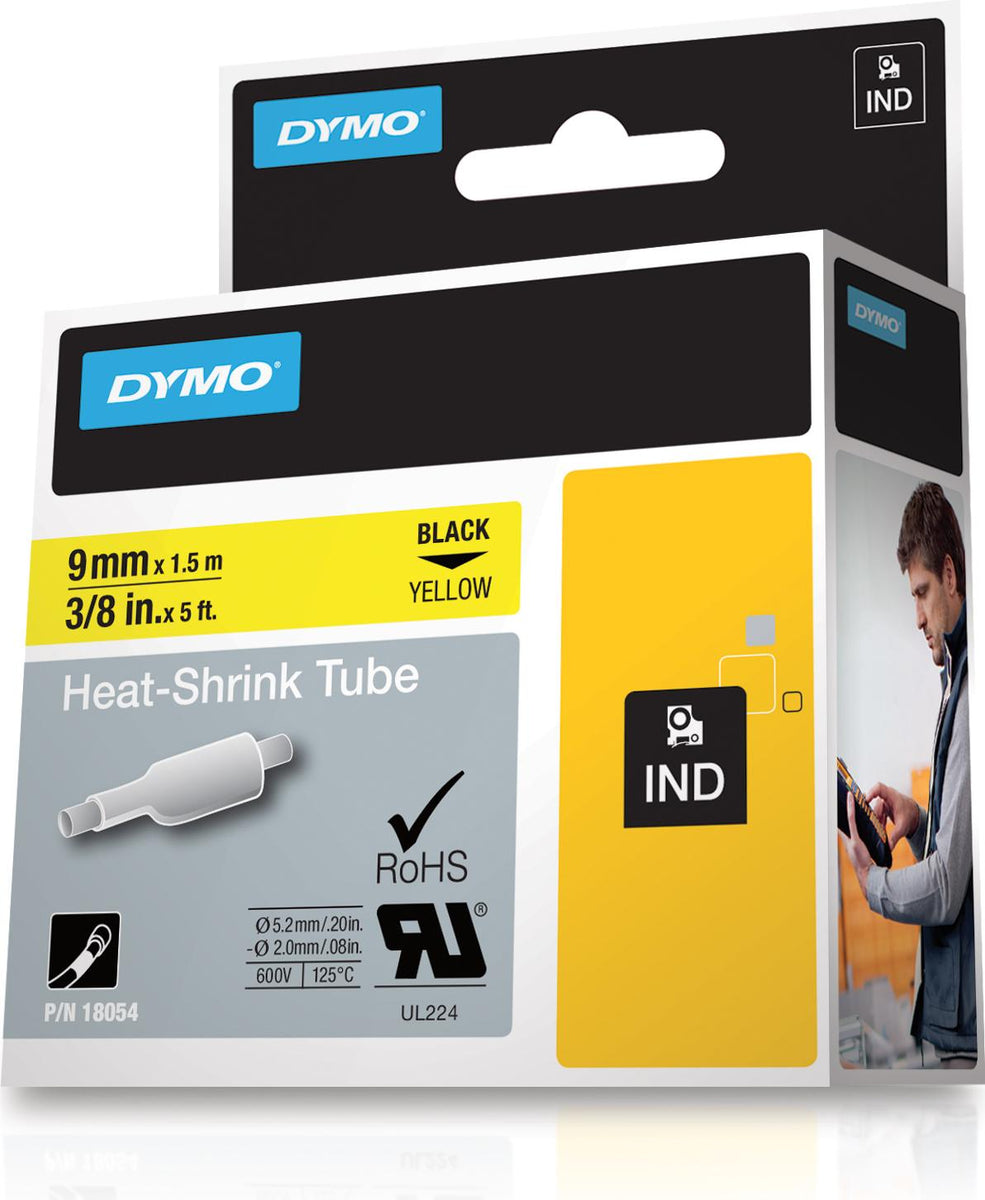 DYMO Rhino Industrie Schrumpfschlauch-Kabeletiketten | 9 mm1,5 m | Schwarz auf gelb | für Rhino Beschriftungsgerät, Schwarz auf gelb, Mehrfarbig, -55 - 135 °C, UL 224, MIL-STD-202G, MIL-81531, SAE-DTL 23053/5 (1, 3), DYMO, Rhino