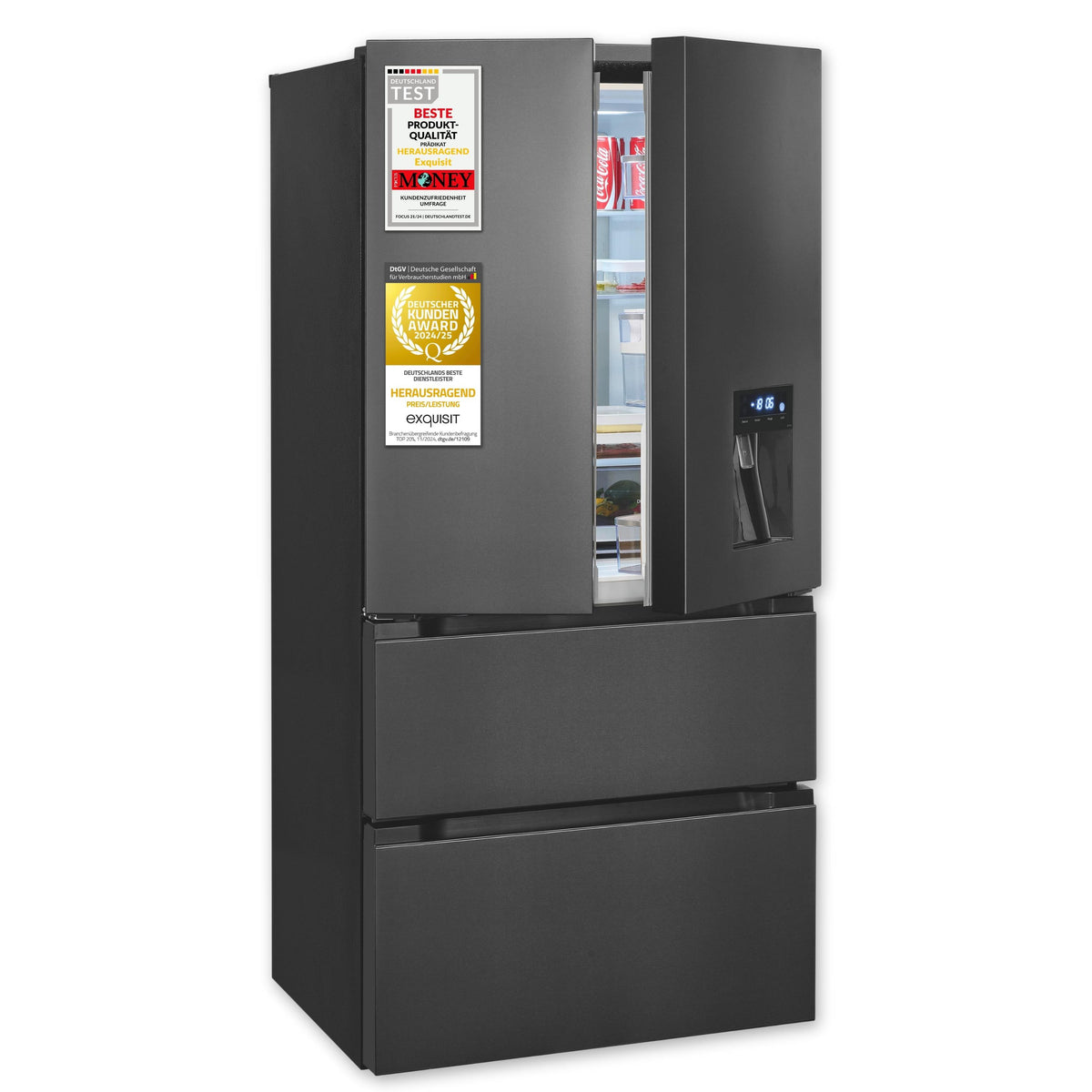 Exquisit Frenchdoor Kühlschrank, 506 Liter, Kühl-Gefrierkombination, No-Frost, LED, leise, Wasserspender, FD490-160-WS-202E inoxlook-az