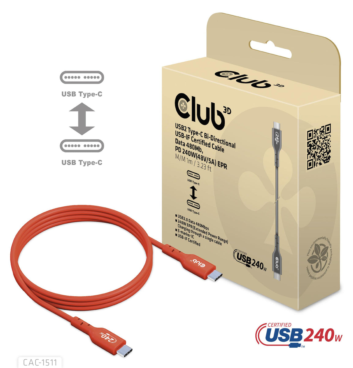 CLUB3D USB2 Typ-C Bi-Direktionales USB-IF es Kabel 480Mb, PD 240W(48V/5A) EPR St./St. 1m, 1 m, USB C, USB C, USB 2.0, 0,48 Gbit/s, Orange