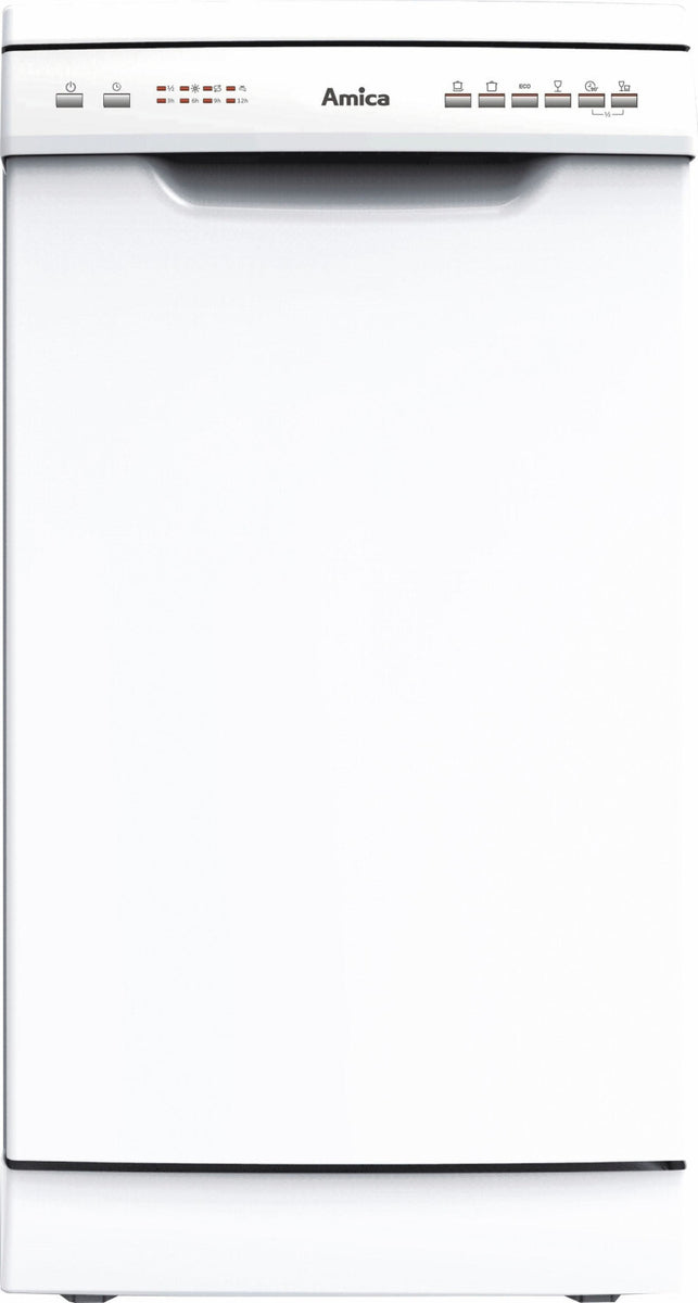 Amica GSP 14544 W Freistehender GeschirrspÃ1/4ler, Weiß, 44,8 cm Breite, 9 Maßgedecke, 5 Temperatureinstellungen, 6 Programme, , 9 Liter/Programm, 70 kWh/100 Zyklen, 49 dB, Programm fÃ1/4r halbe Beladung, Startzeitvorwahl, Wasserauslaufschutz