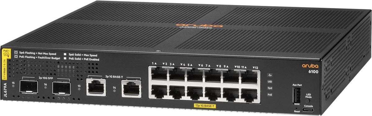 HPE Aruba Networking Aruba 6100 12G Class4 PoE 2G/2SFP+ 139W, Managed, L3, Gigabit Ethernet (10/100/1000), Power over Ethernet (PoE), Rack-Einbau, 1U