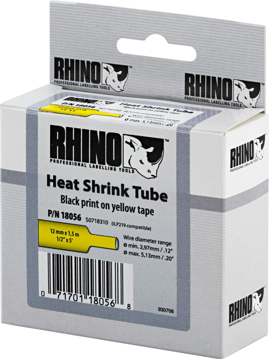 DYMO Rhino Industrie Schrumpfschlauch-Kabeletiketten | 12 mm1,5 m | Schwarz auf gelb | für Rhino Beschriftungsgerät, Schwarz auf gelb, Mehrfarbig, -55 - 135 °C, UL 224, MIL-STD-202G, MIL-81531, SAE-DTL 23053/5 (1, 3), DYMO, Rhino