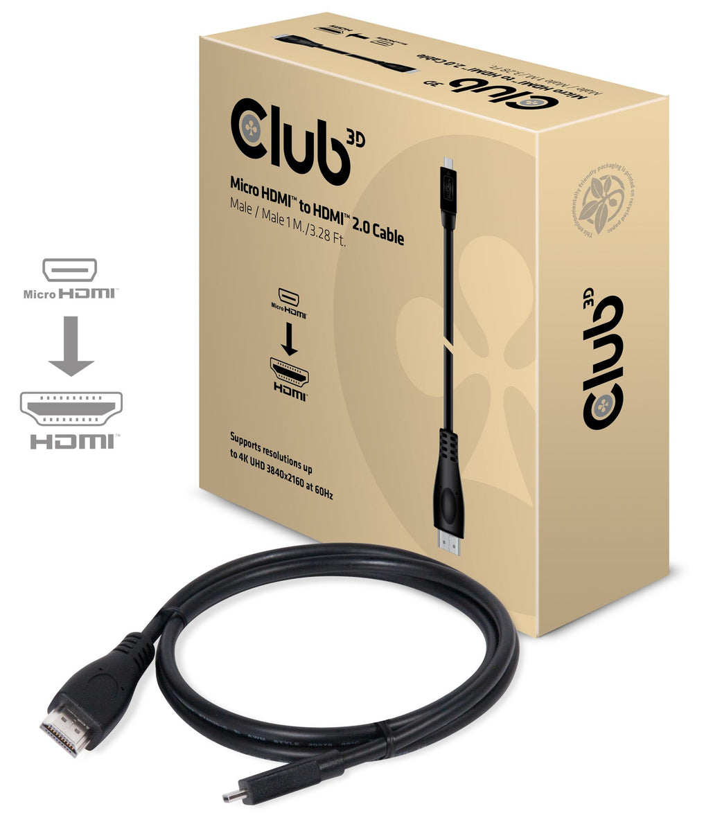 CLUB3D Micro HDMI™ auf HDMI™ 2.0 4K60Hz Kabel 1M, 1 m, HDMI Typ D (Mikrofon), HDMI Typ A (Standard), 3D, 18 Gbit/s, Schwarz