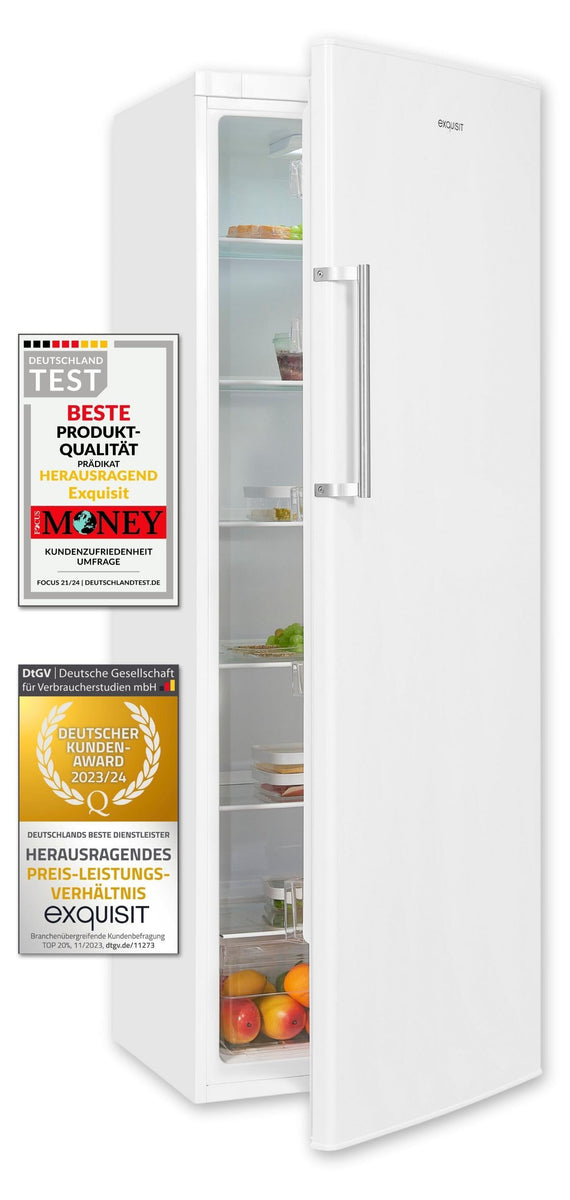 Exquisit Vollraumkühlschrank KS350-V-H-040D weiss | Nutzinhalt: 331 L | 6 Glasablagen | Türanschlag wechselbar | Ohne Gefrierfach