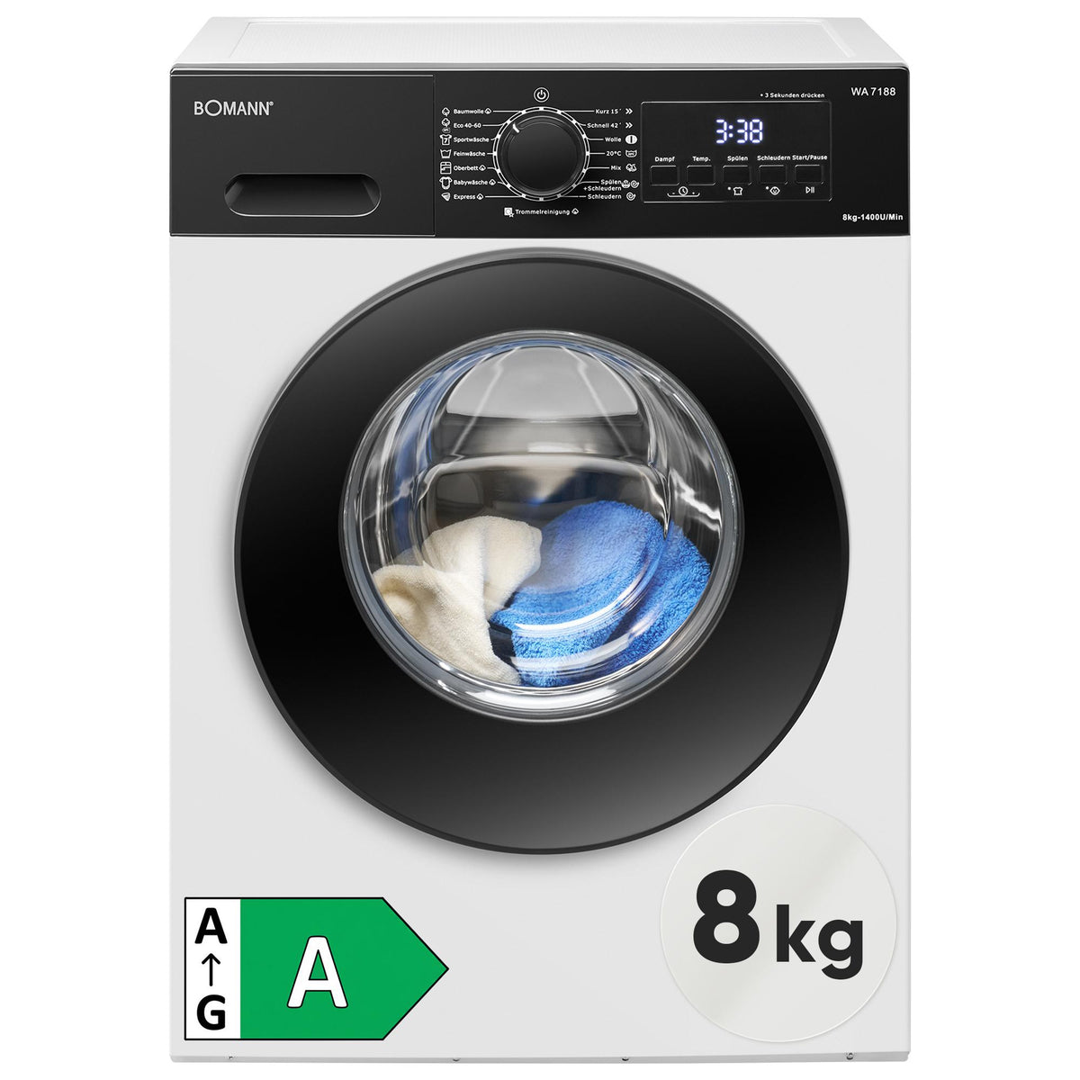 Bomann® Waschmaschine 8kg | 15 Programme | Invertermotor - effizient, leise und langlebig | max. 1400 U/min | Dampffunktion | WA 7188 weiß