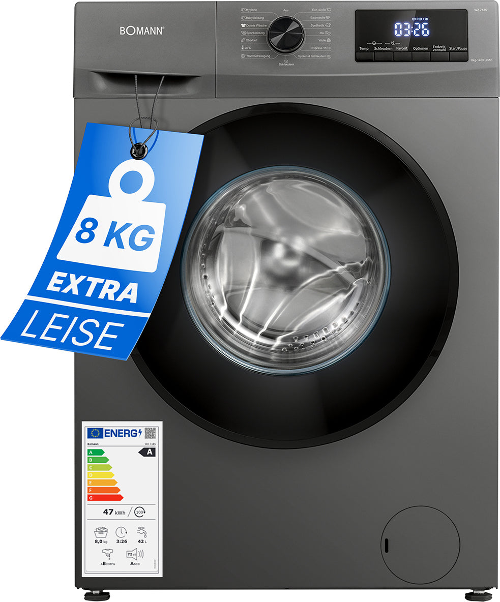 Bomann Waschmaschine 8kg mit max. 1400 U/min | effizienter, leiser und langlebiger Invertermotor | 15 Programmen & Endzweitvorwahl | WA 7185 schwarz