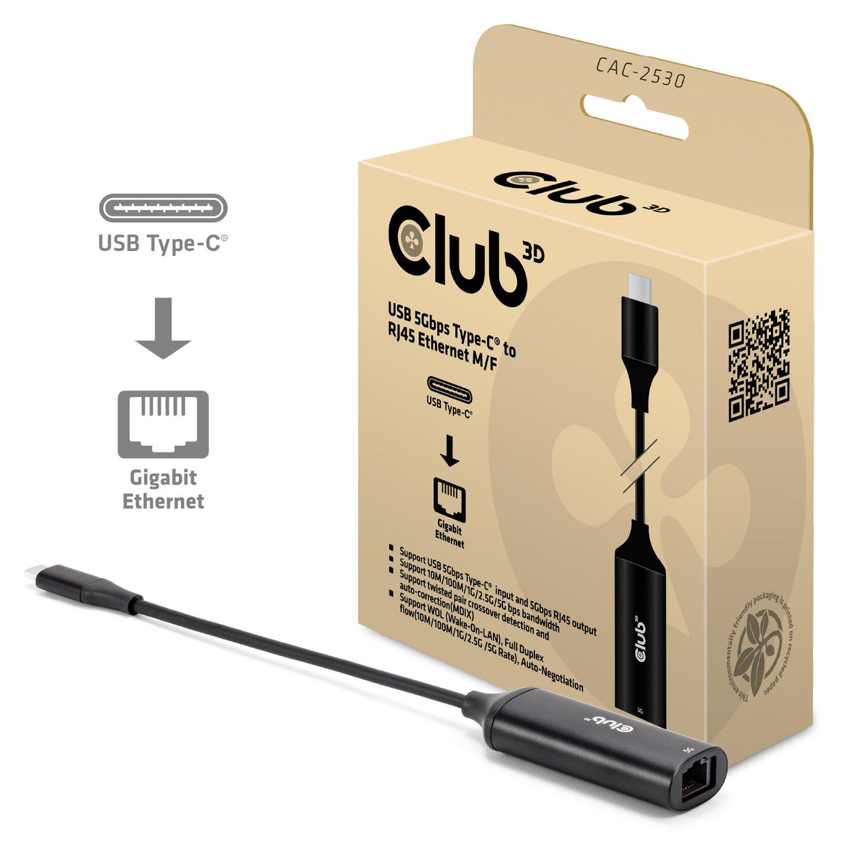 CLUB3D USB 5Gbps Type-C® to RJ45 Ethernet M/F, Kabelgebunden, USB 3.2 Gen 1 (3.1 Gen 1) Type-C, 10,100,1000,2500,5000 Mbit/s, Schwarz, 5 Gbit/s, USB