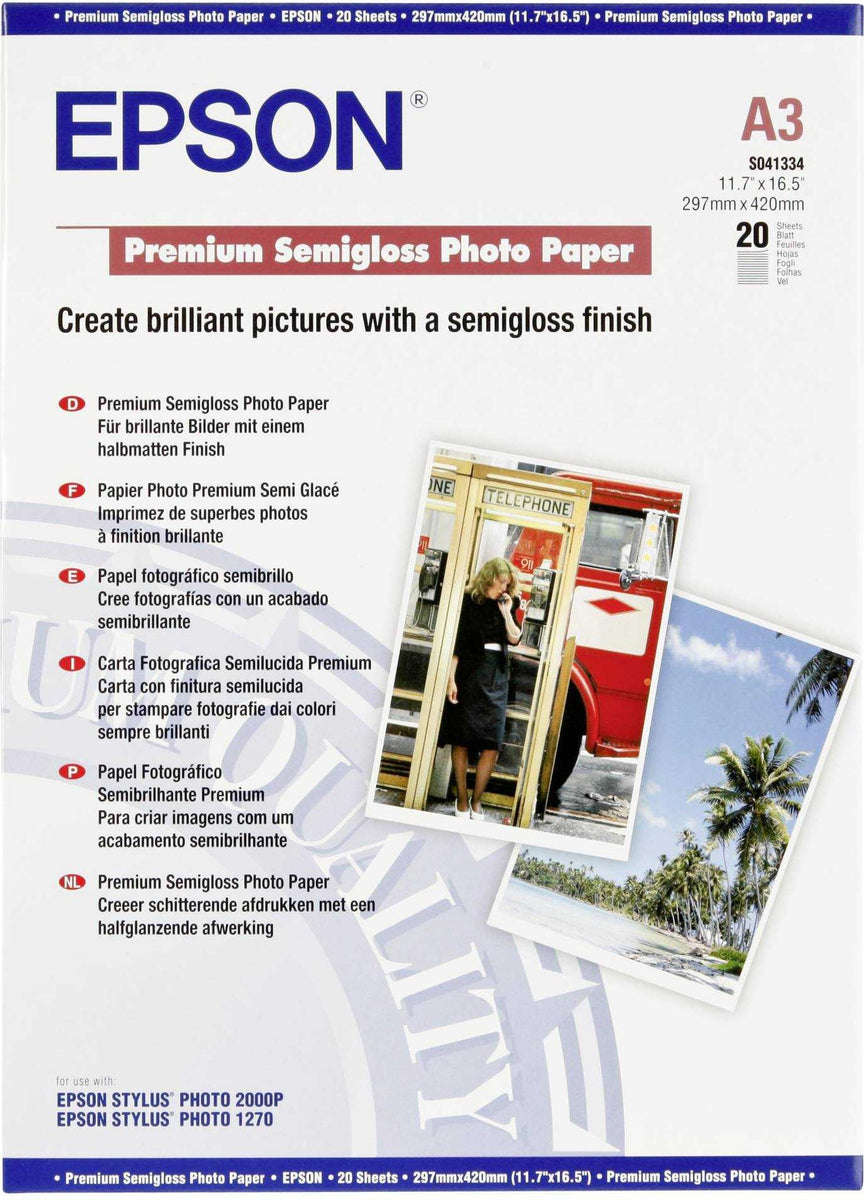 Epson Premium Semigloss Photo Paper, DIN A3, 251 g/m2, 20 Blatt, Halb-Glanz, 250 g/m², A3, Weiß, RC/PE, Photo collage, Photo gifts, Foto