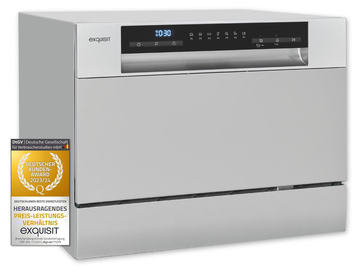Exquisit Tischgeschirrspüler GSP206-030D silber | 6 Maßgedecke | 6,5 Liter | Startzeitvorwahl | 55cm Breite