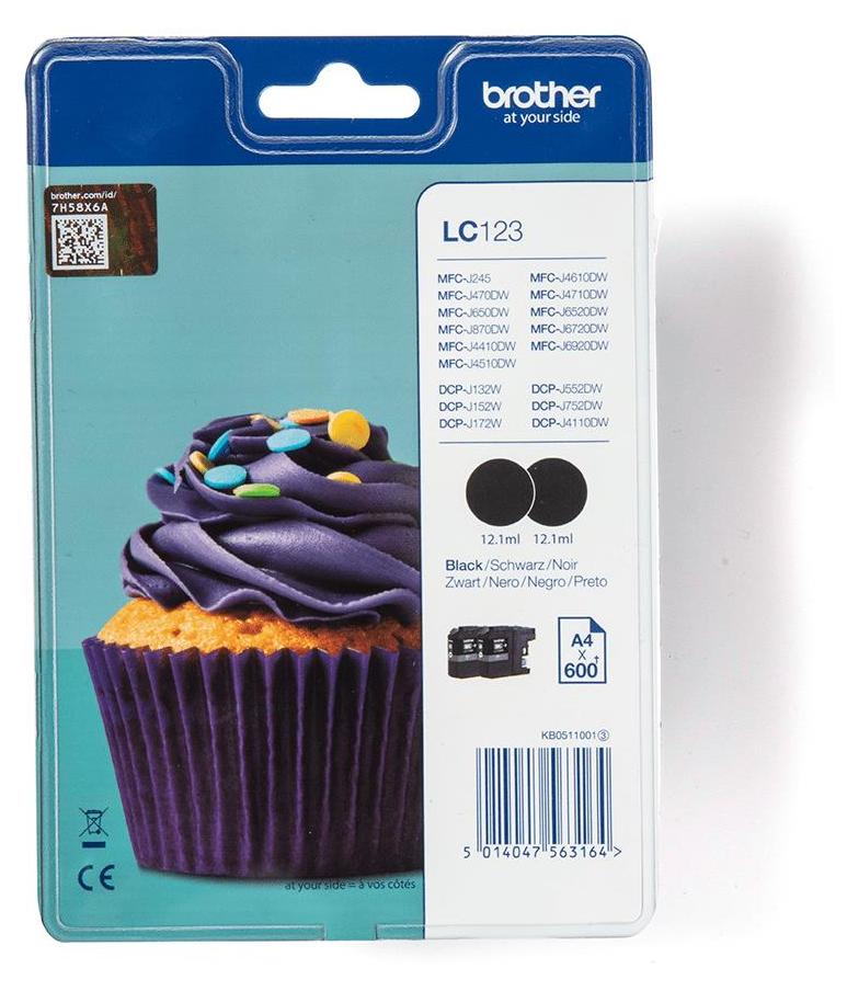 Brother LC123BKBP2, Schwarz, Tinte auf Pigmentbasis, 2 Stück(e), 600 Seiten, Doppelpack
