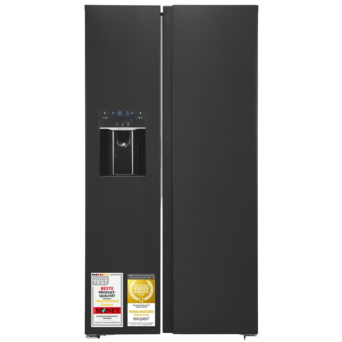 Exquisit Side-by-Side Kühlschrank | 513 l Nutzinhalt, Energieeffizienzklasse E, 39 dB | Wasser- und Eiswürfelspender | SBS520-CF-040E inoxlook-az