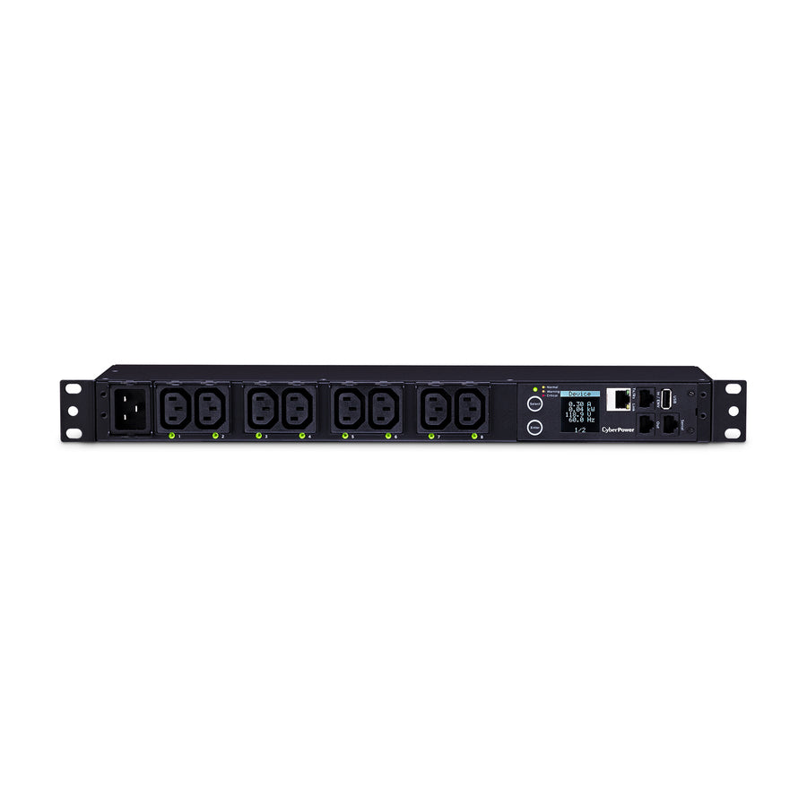 CyberPower PDU81005, Rackmount 1U, Switched PDU, Metered-by-Outlet Leistungssteuerung, Eingang 230V/16A (1), Ausgang IEC-320 C13 (8), SNMP-Netzwerkanschluss, PowerPanel Software, Überwacht, Geändert, 1U, Einphasig, Horizontal, Stahl, Schwarz